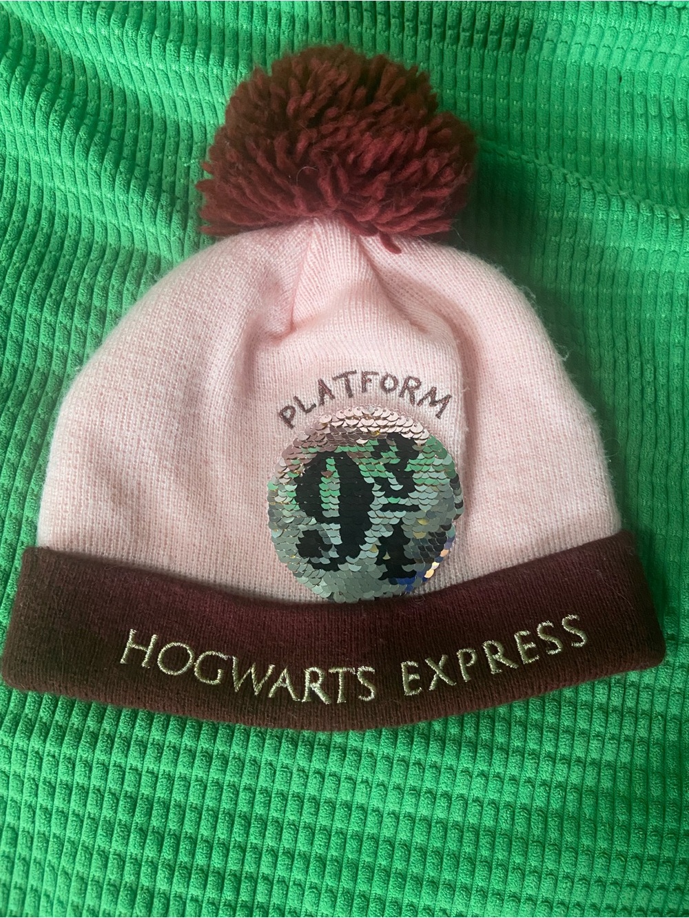 Hogwarts Express Pink & Maroon Beanie with Sequin 9 3/4 Patch